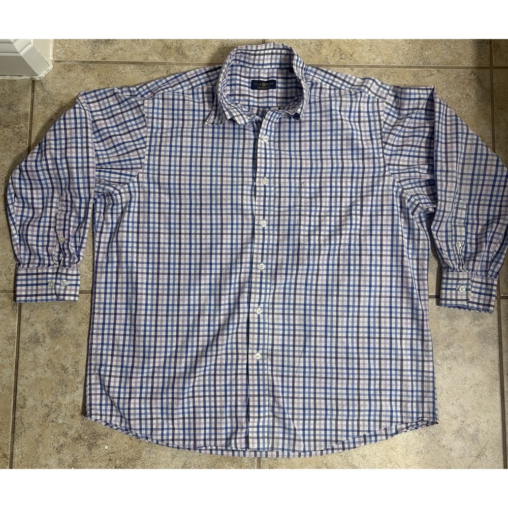 Men's Club Room Blue Purple Plaid Button Down Shirt Size 17 32 33 Long Sleeve
